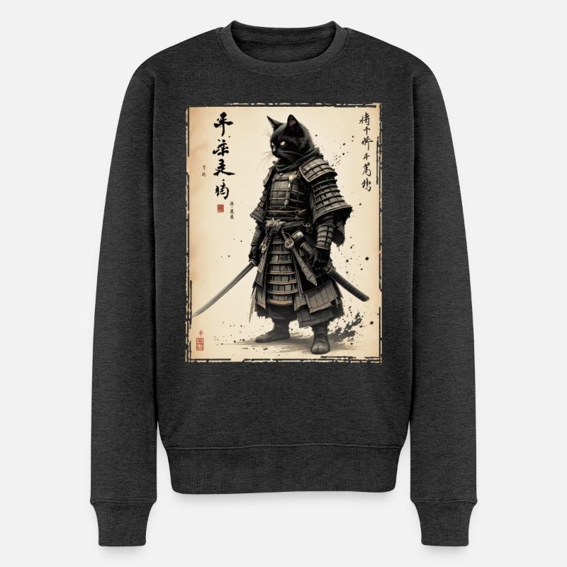 Samurai Katze, Japanischer Krieger & Kämpfer - Männer Premium Bio Pullover - Anthrazit meliert