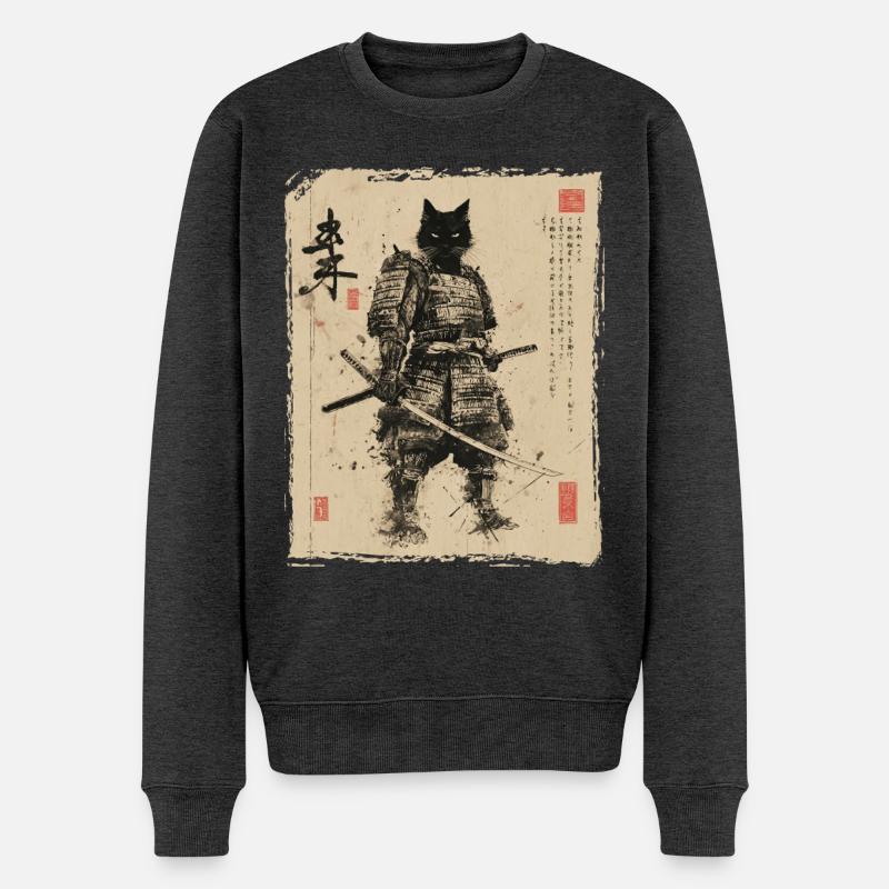 Samurai Katze, Japanischer Krieger & Kämpfer - Männer Premium Bio Pullover - Anthrazit meliert