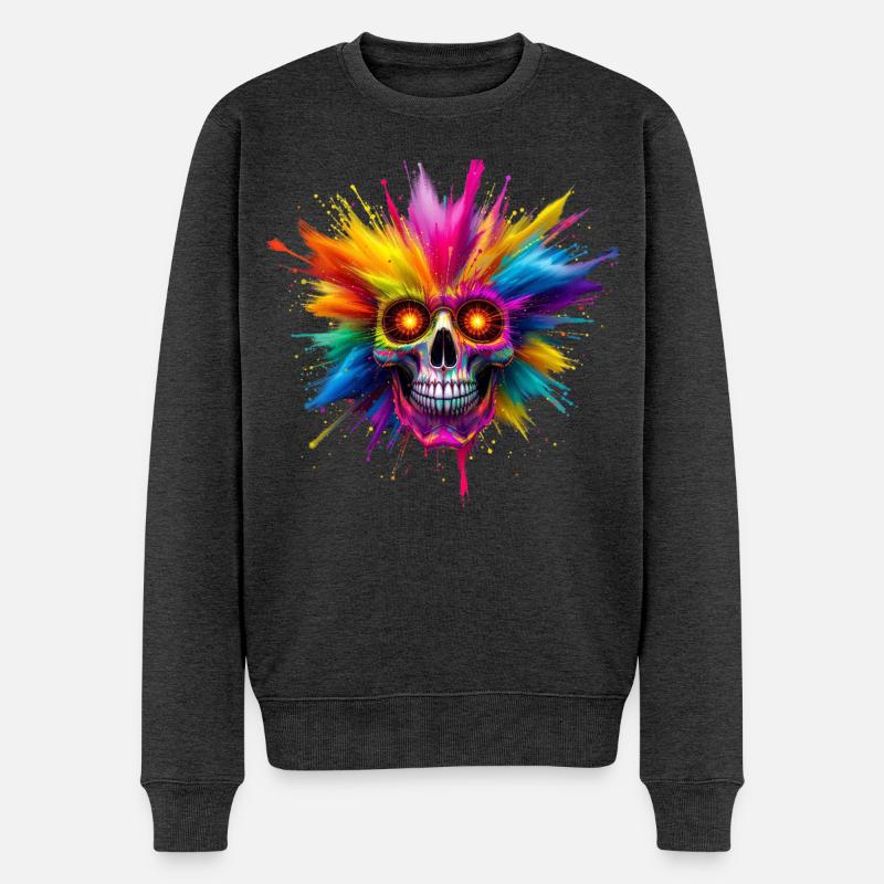 Bunter Totenkopf mit Farbexplosion - Männer Premium Bio Pullover - Anthrazit meliert
