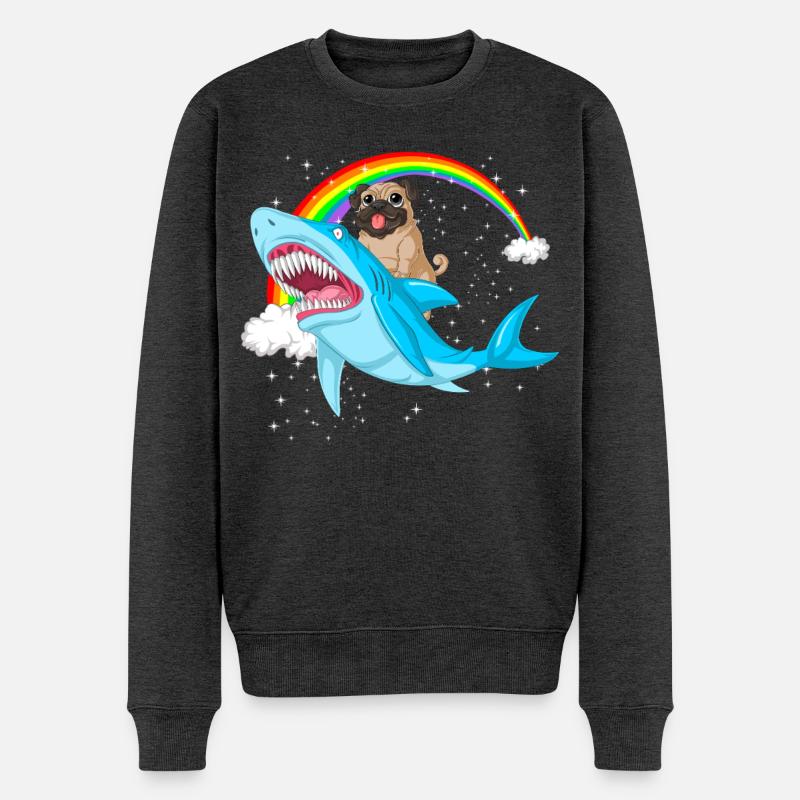 Mops reitet Hai Regenbogen - Männer Premium Bio Pullover - Anthrazit meliert