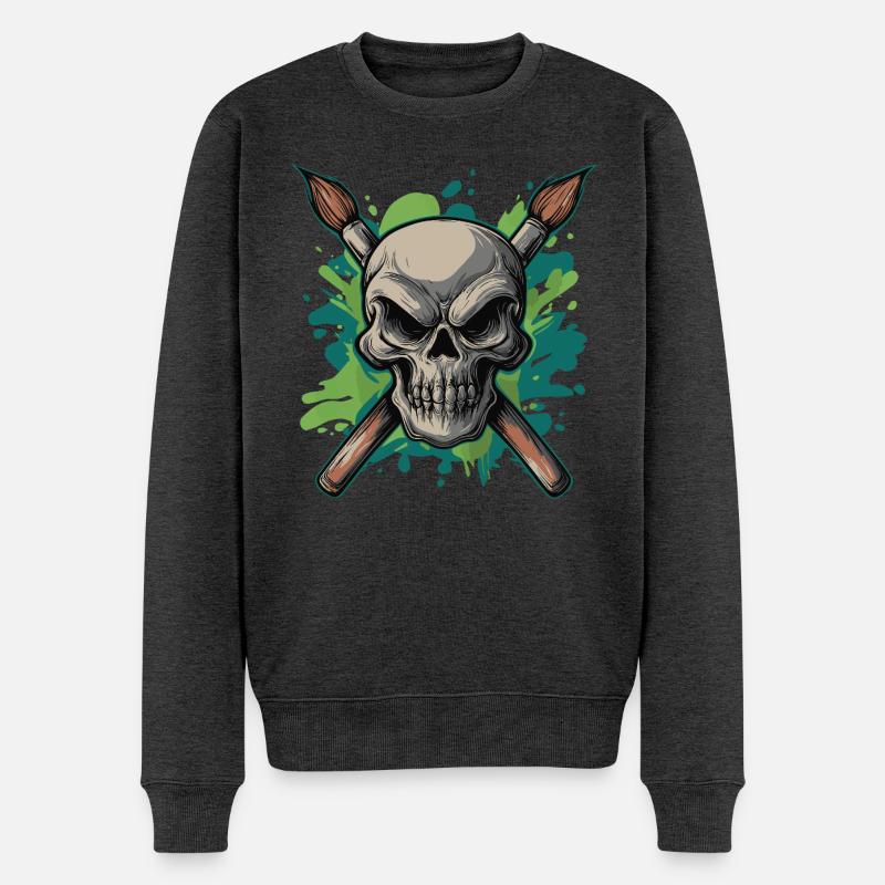 Schädel und gekreuzte Pinsel - Männer Premium Bio Pullover - Anthrazit meliert