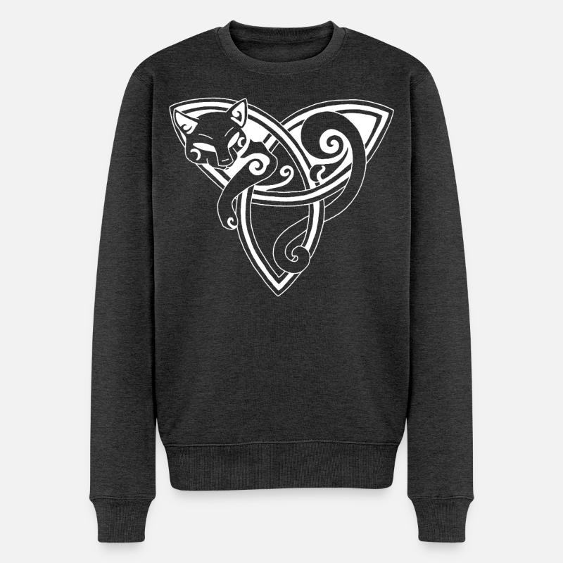Weiße Katze und keltisches Symbol - Männer Premium Bio Pullover - Anthrazit meliert