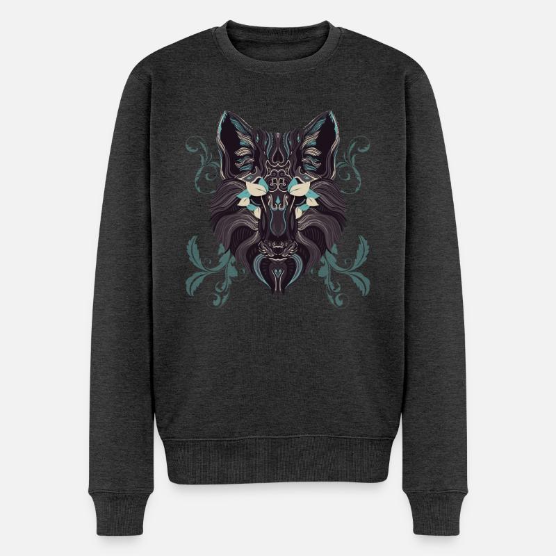 Türkis Ornament Wolf - Männer Premium Bio Pullover - Anthrazit meliert