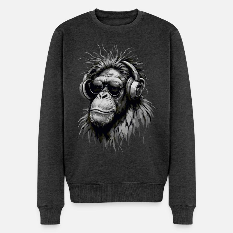 Cooler Musikaffe mit Kopfhörern - Graustufen - Männer Premium Bio Pullover - Anthrazit meliert