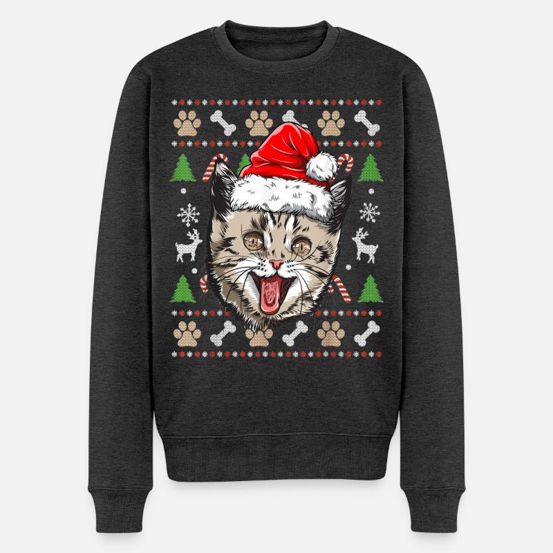Hässlicher Weihnachtspullover Niedliche Katze Glückliche Geschenkidee - Männer Premium Bio Pullover - Anthrazit meliert