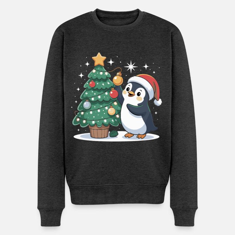 Pinguin schmückt Weihnachtsbaum - Männer Premium Bio Pullover - Anthrazit meliert