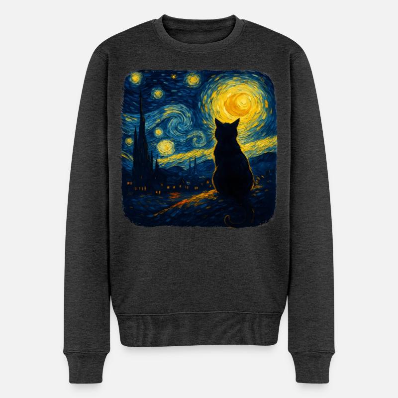Cat Starry Funny Night Cat Lover Van Gogh Cat Mom  - Männer Premium Bio Pullover - Anthrazit meliert