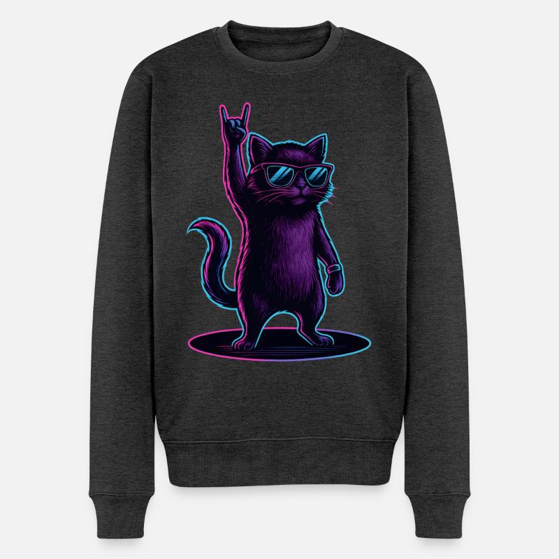 Synthwave Kater Katze mit Rockhand Pose - Männer Premium Bio Pullover - Anthrazit meliert