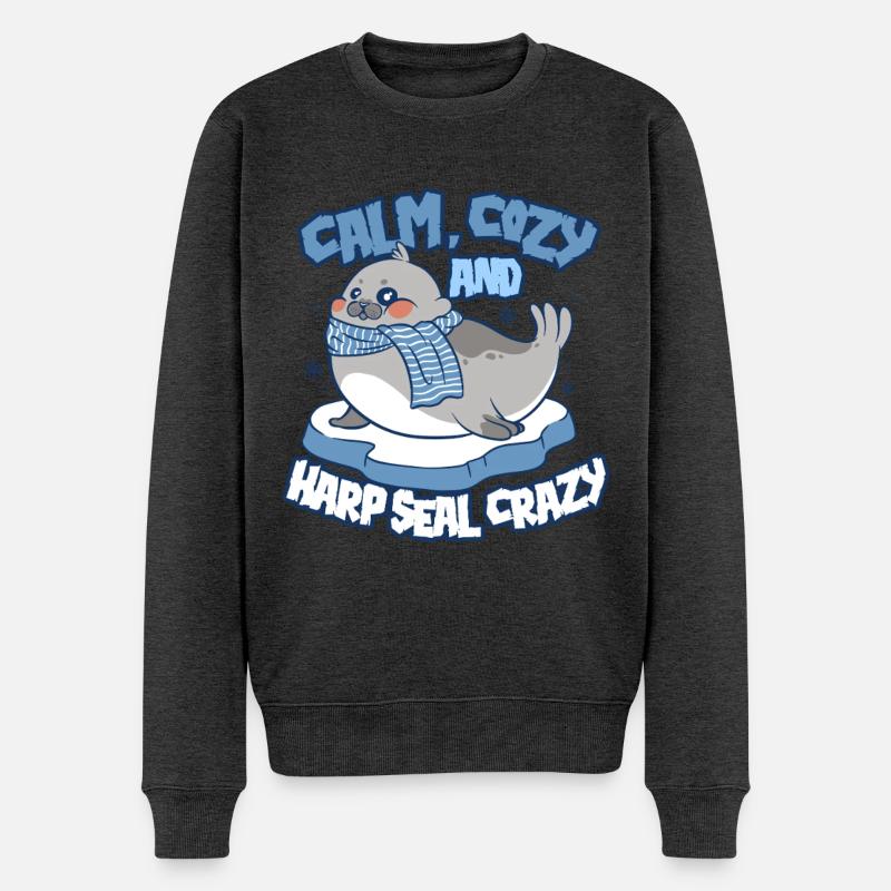 Sattelrobbe Robben Harp Seal Crazy - Männer Premium Bio Pullover - Anthrazit meliert