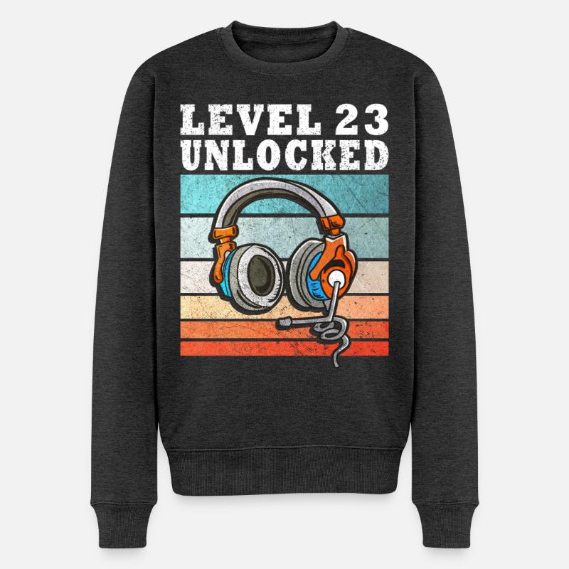 Level 23 Unlocked mit Kopfhörern - Männer Premium Bio Pullover - Anthrazit meliert