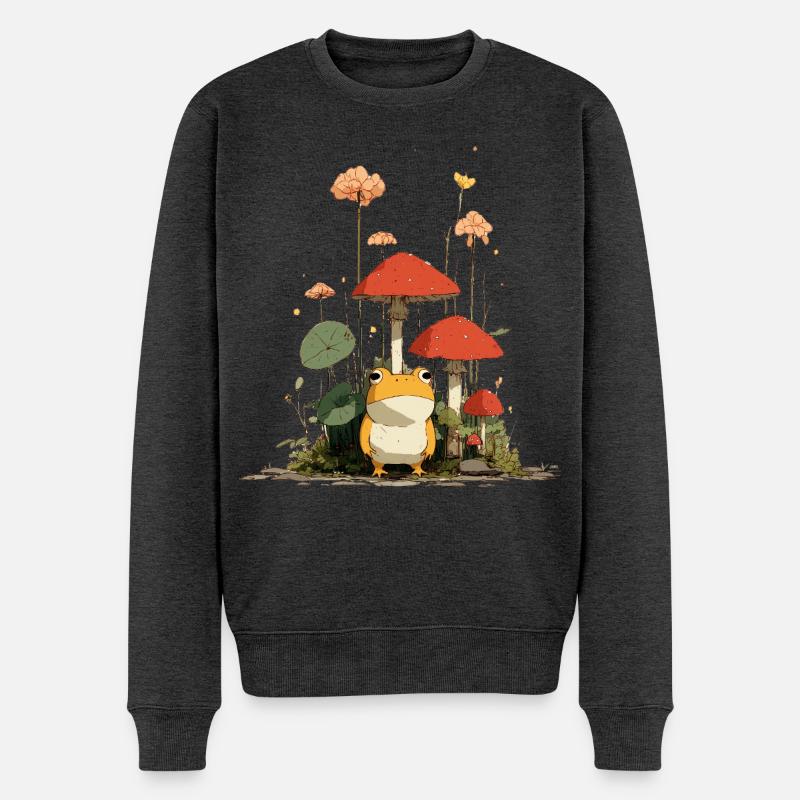 Frosch vor roten Pilzen im Wald - Männer Premium Bio Pullover - Anthrazit meliert