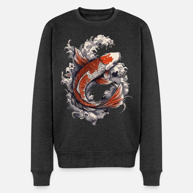 Koi im Wellenrausch - Männer Premium Bio Pullover - Anthrazit meliert
