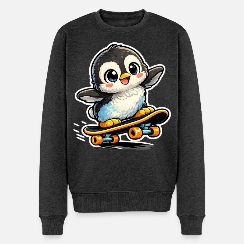 Kawaii Pinguin auf Skateboard - Männer Premium Bio Pullover - Anthrazit meliert