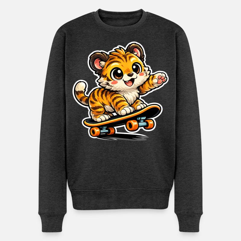 Aventure mignonne sur skateboard tigre - Pull Premium bio Homme - anthracite chiné