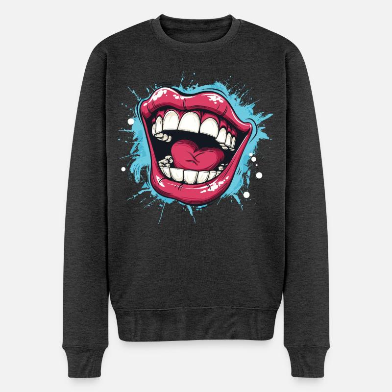 Lachender Cartoon, Mund weit offen und rote Lippen - Männer Premium Bio Pullover - Anthrazit meliert