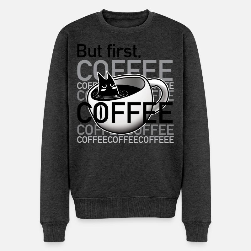 Sleepy_Coffee_cat_in_cup - Männer Premium Bio Pullover - Anthrazit meliert