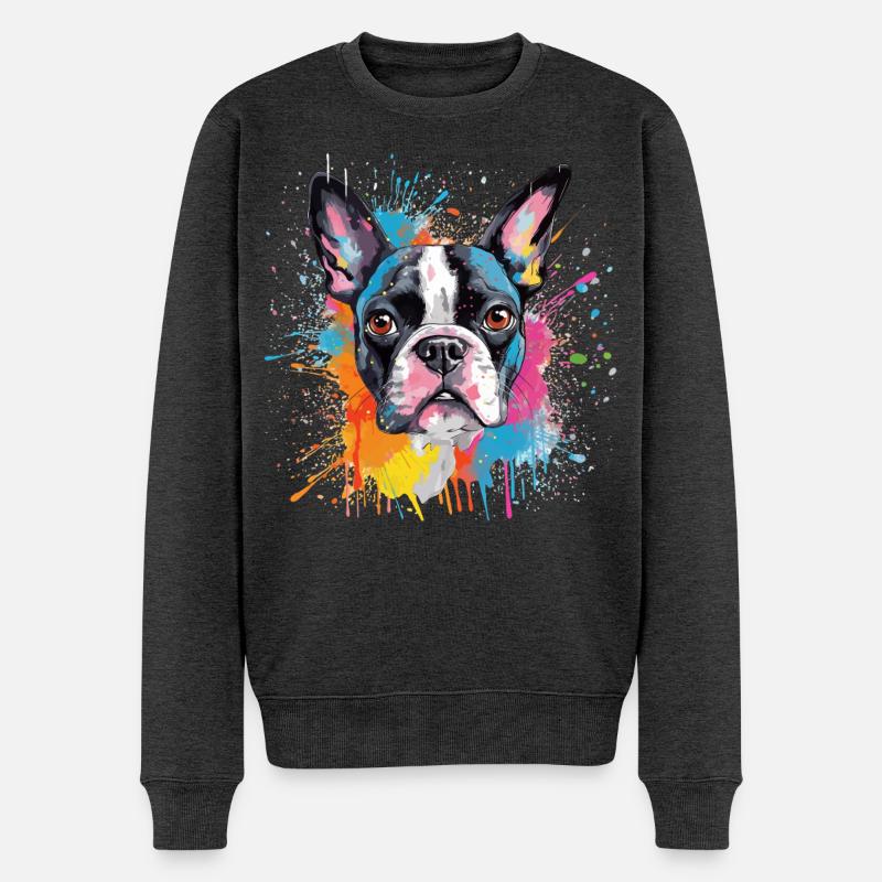 Vivid Splash Boston Terrier-Porträt - Männer Premium Bio Pullover - Anthrazit meliert
