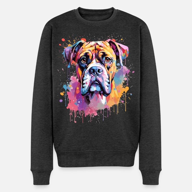 Boxer Bunte Hund Splash Art - Männer Premium Bio Pullover - Anthrazit meliert