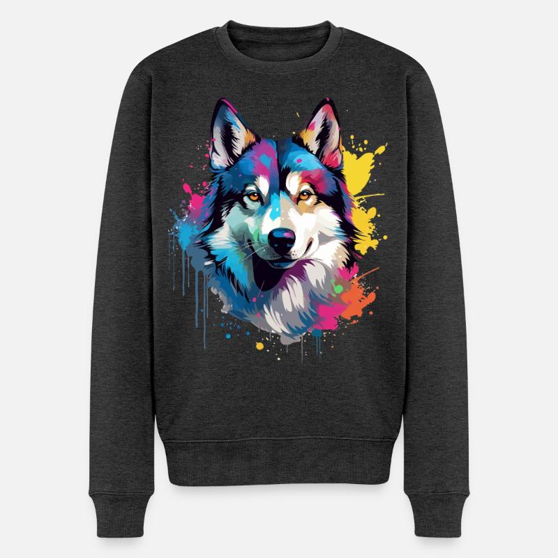 Dog Husky Bunte Spritzkunst - Männer Premium Bio Pullover - Anthrazit meliert