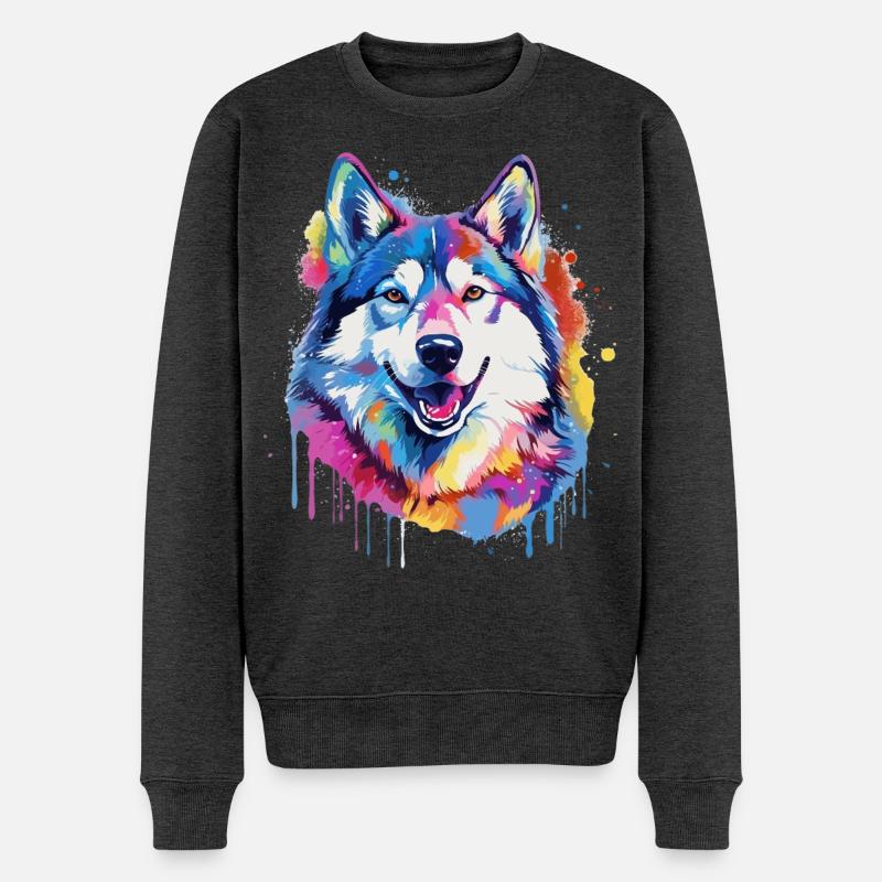 Bunte Splash Art-Husky-Hund - Männer Premium Bio Pullover - Anthrazit meliert