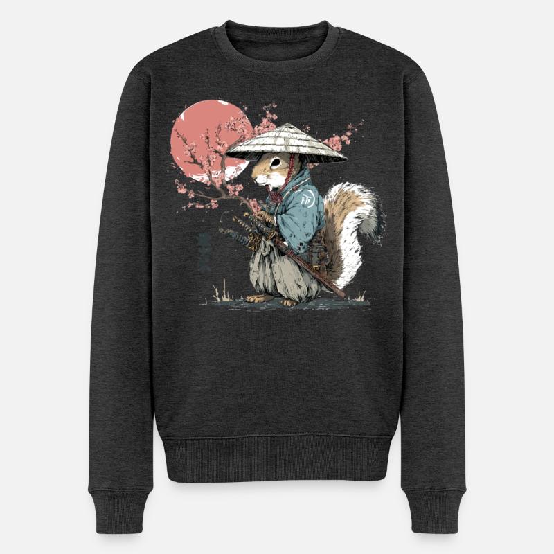 Eichhörnchen-Samurai in Sakura-Roben - Männer Premium Bio Pullover - Anthrazit meliert
