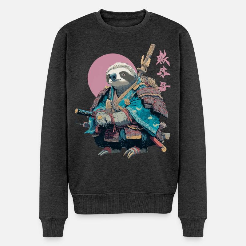 Faultier-Samurai in blauer Rüstung - Männer Premium Bio Pullover - Anthrazit meliert