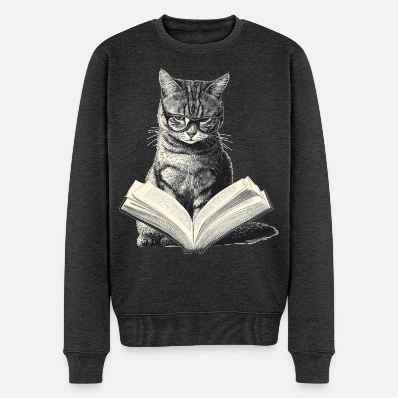 Katze liest Buch - Männer Premium Bio Pullover - Anthrazit meliert