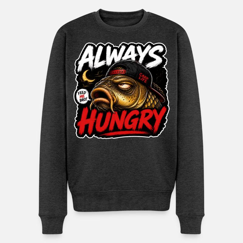 Lustiges Karpfenangelhemd – Immer hungrig - Männer Premium Bio Pullover - Anthrazit meliert