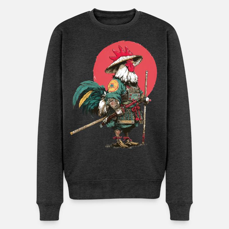 Hahn-Samurai in Rüstung - Männer Premium Bio Pullover - Anthrazit meliert