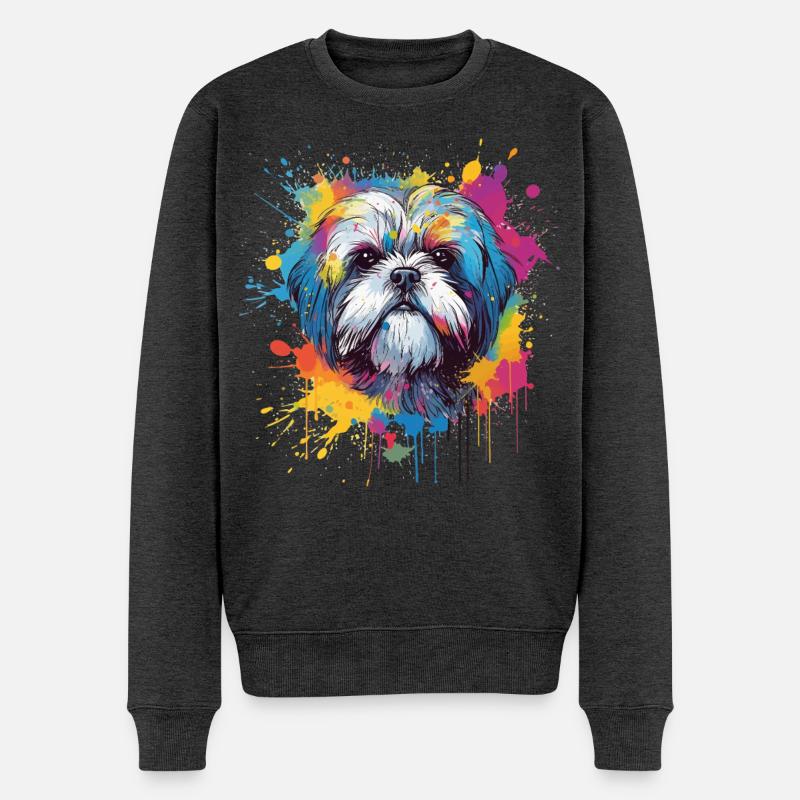 Shih Tzu Hund Bunte Spritzkunst - Männer Premium Bio Pullover - Anthrazit meliert