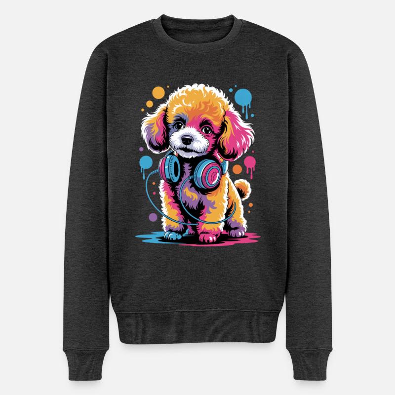 Caniche avec un casque - Pull Premium bio Homme - anthracite chiné