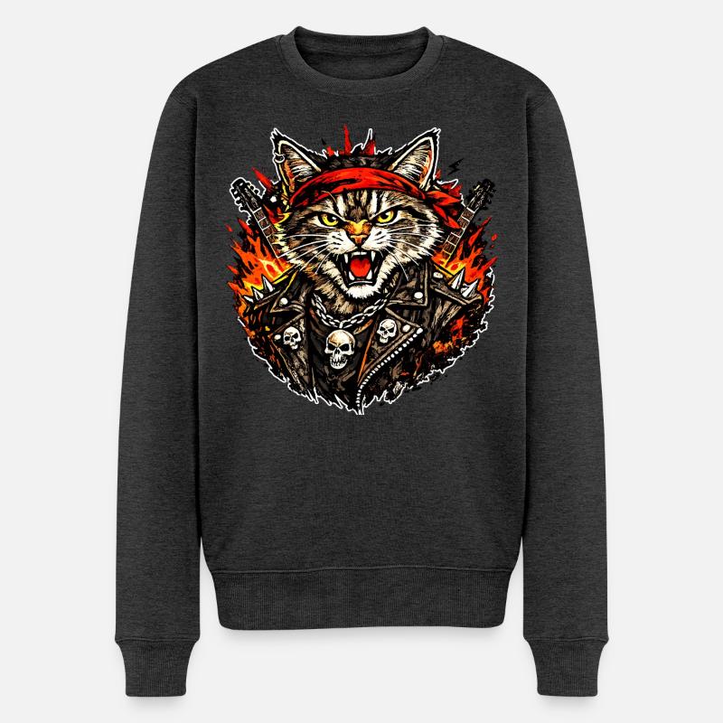 Rocker Katze - Männer Premium Bio Pullover - Anthrazit meliert