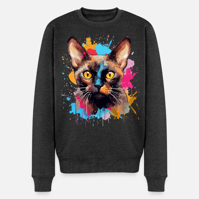 Burmesisches Katzengesicht – bunte Splash-Art - Männer Premium Bio Pullover - Anthrazit meliert