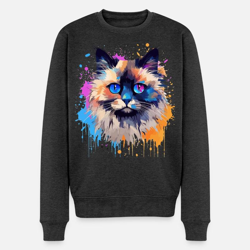 Bunte Birman-Katzengesicht-Splash-Kunst - Männer Premium Bio Pullover - Anthrazit meliert