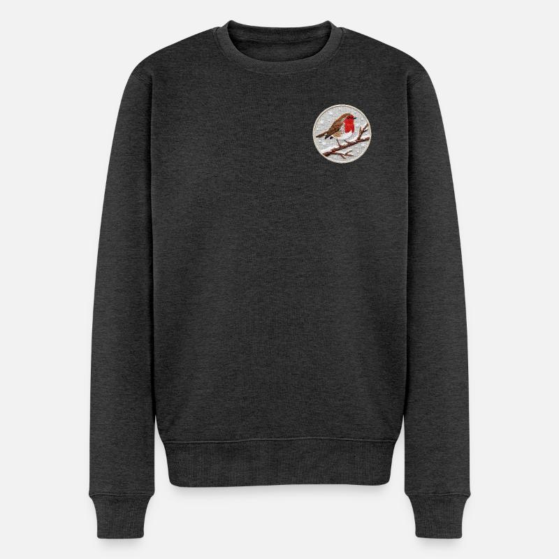 Robin brodé sur une brindille (imprimé) - Pull Premium bio Homme - anthracite chiné