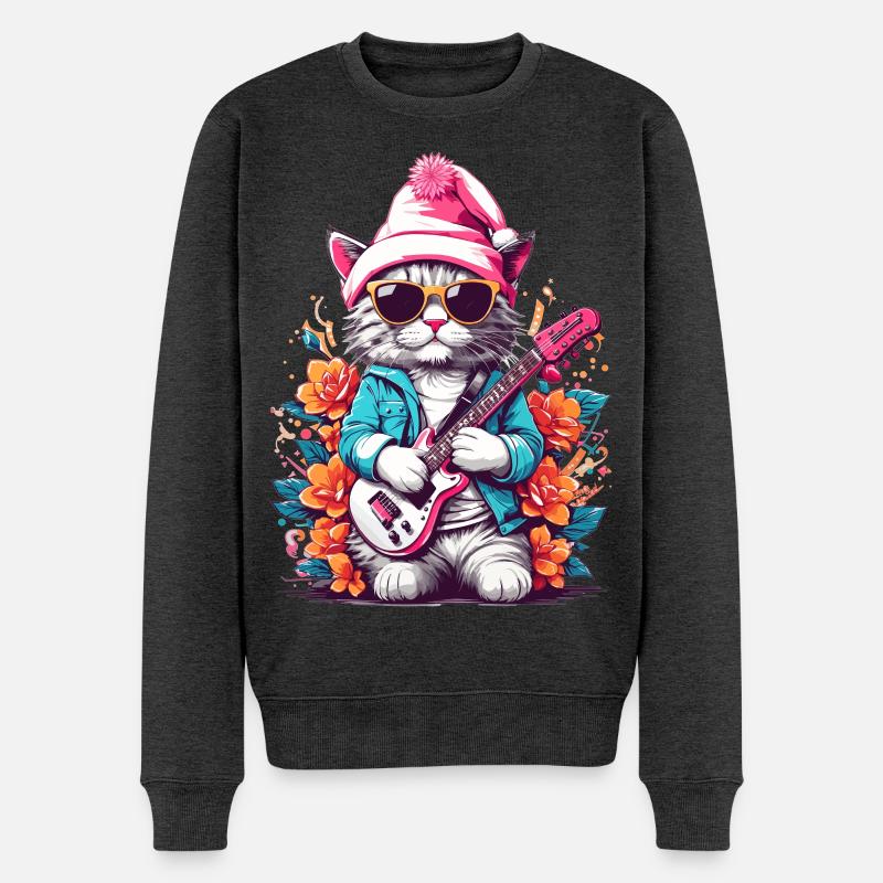 Süße Katze mit Gitarre - Männer Premium Bio Pullover - Anthrazit meliert