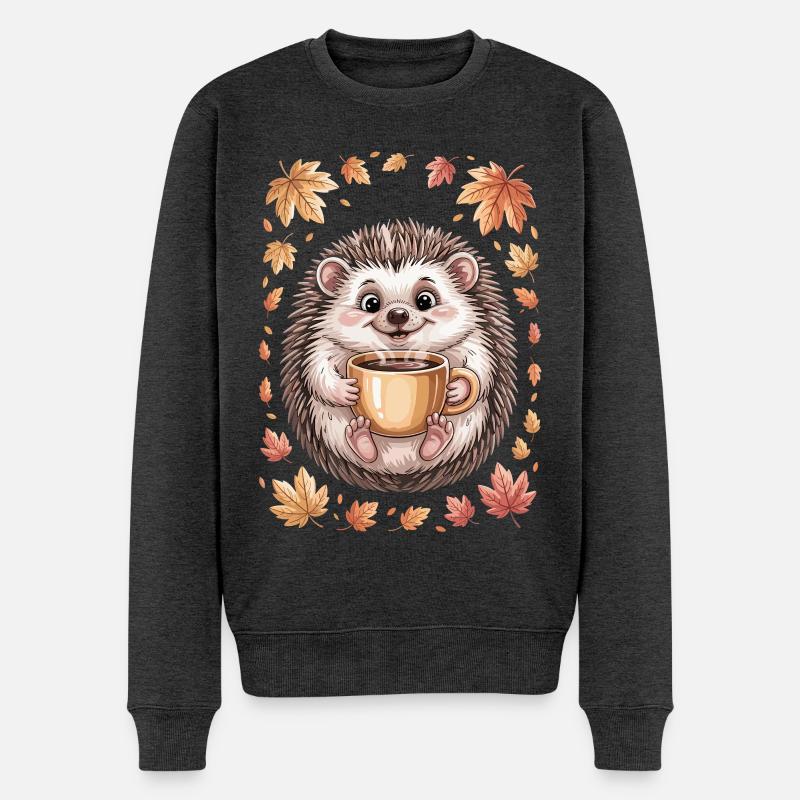 Herbstlicher Igel mit Kaffeebecher - Männer Premium Bio Pullover - Anthrazit meliert