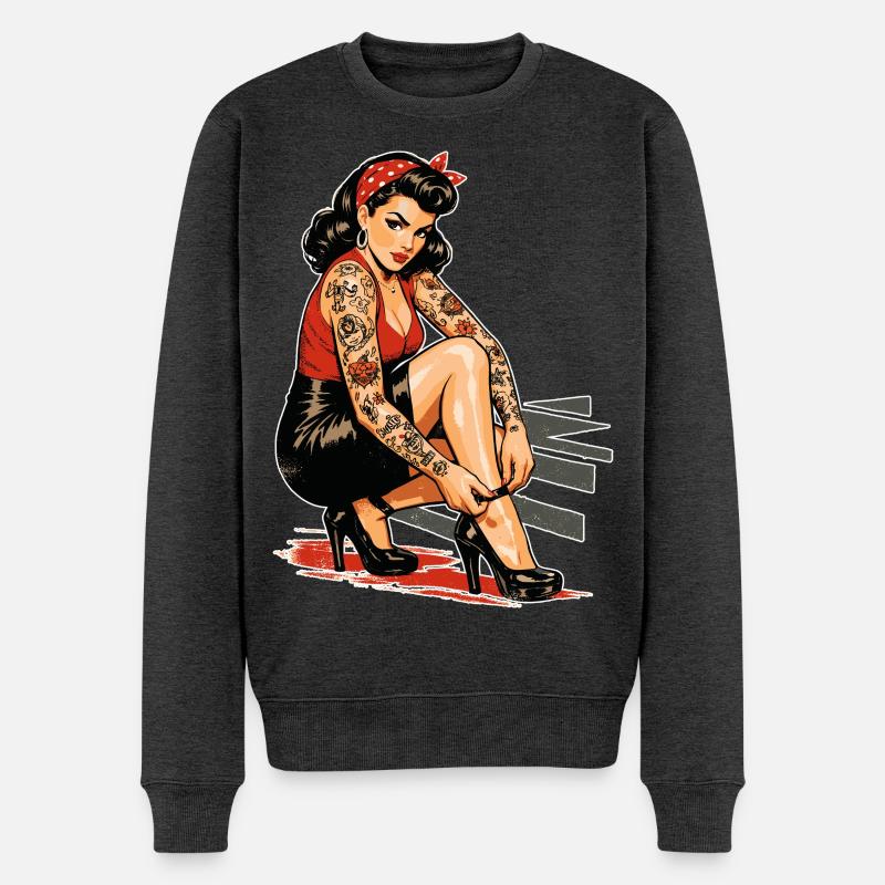 Tattoo Pin-Up: Retro Werbeprint & High Heels - Männer Premium Bio Pullover - Anthrazit meliert