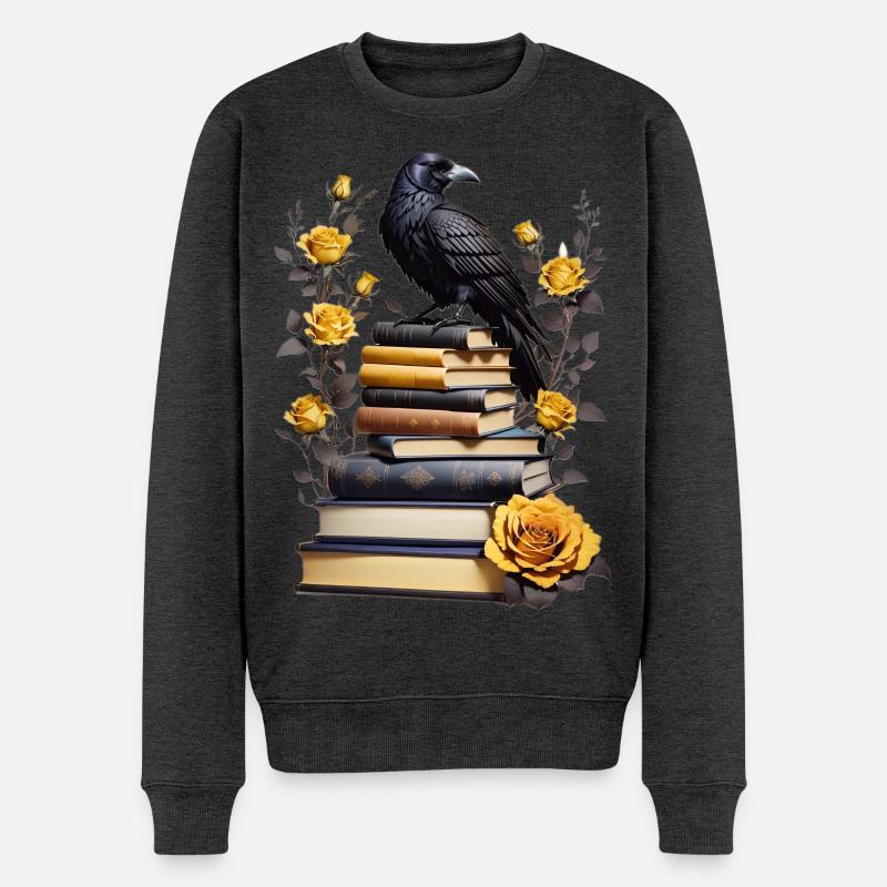 Bücherstapel mit Rabe - Männer Premium Bio Pullover - Anthrazit meliert