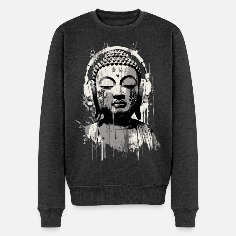 Buddha mit Kopfhörern Zen Art - Männer Premium Bio Pullover - Anthrazit meliert