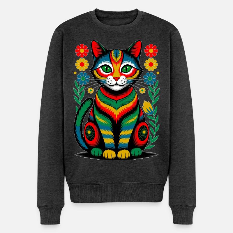 Folk Katze – Bunte Seele der Natur - Männer Premium Bio Pullover - Anthrazit meliert