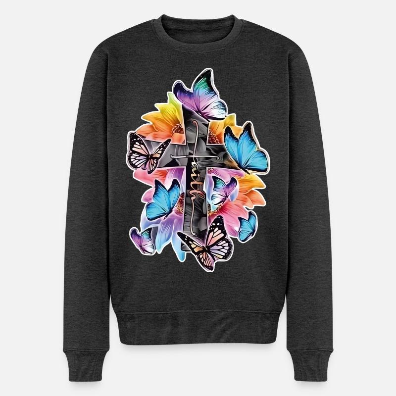 Glaube und Hoffnung – Kreuz mit Schmetterlingen - Männer Premium Bio Pullover - Anthrazit meliert