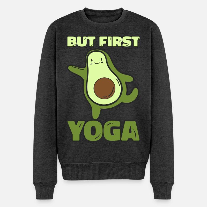 But first Yoga-Funny Yoga Avocado Design - Männer Premium Bio Pullover - Anthrazit meliert
