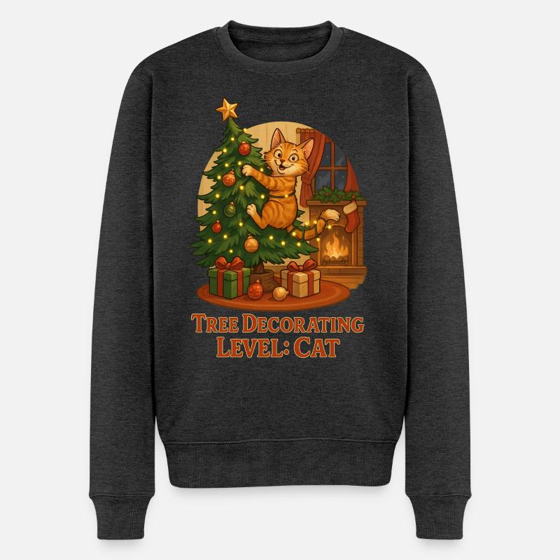Kater schmückt Weihnachtsbaum - Männer Premium Bio Pullover - Anthrazit meliert