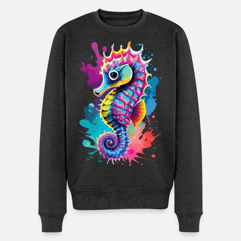Seepferd Farbenfroh - Hippocampus Seepferdchen - Männer Premium Bio Pullover - Anthrazit meliert