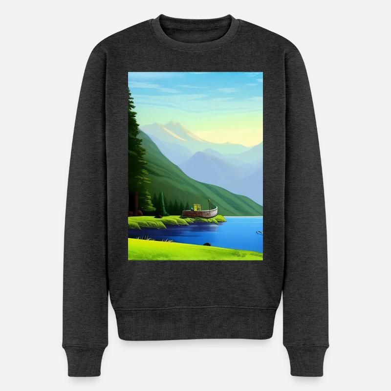 Landschaft mit See, Boot und Berge - Männer Premium Bio Pullover - Anthrazit meliert
