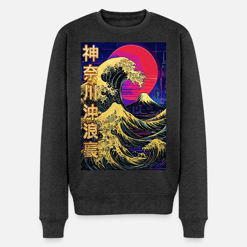 Große Welle vor Kanagawa Neon - Vaporwave - Männer Premium Bio Pullover - Anthrazit meliert