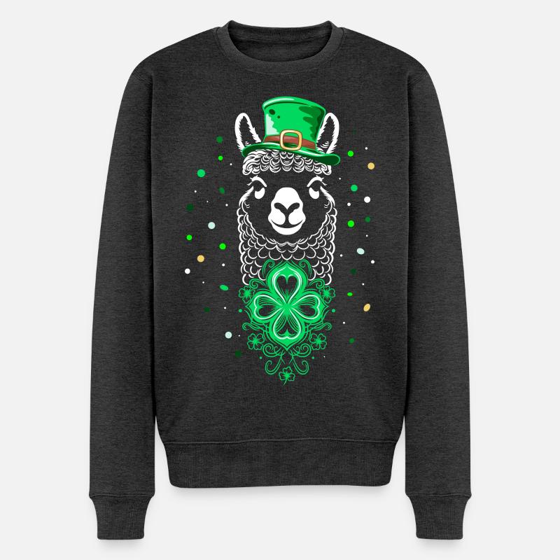 Alpaka St Patricks Day Lama mit Kleeblatt und Hut - Männer Premium Bio Pullover - Anthrazit meliert