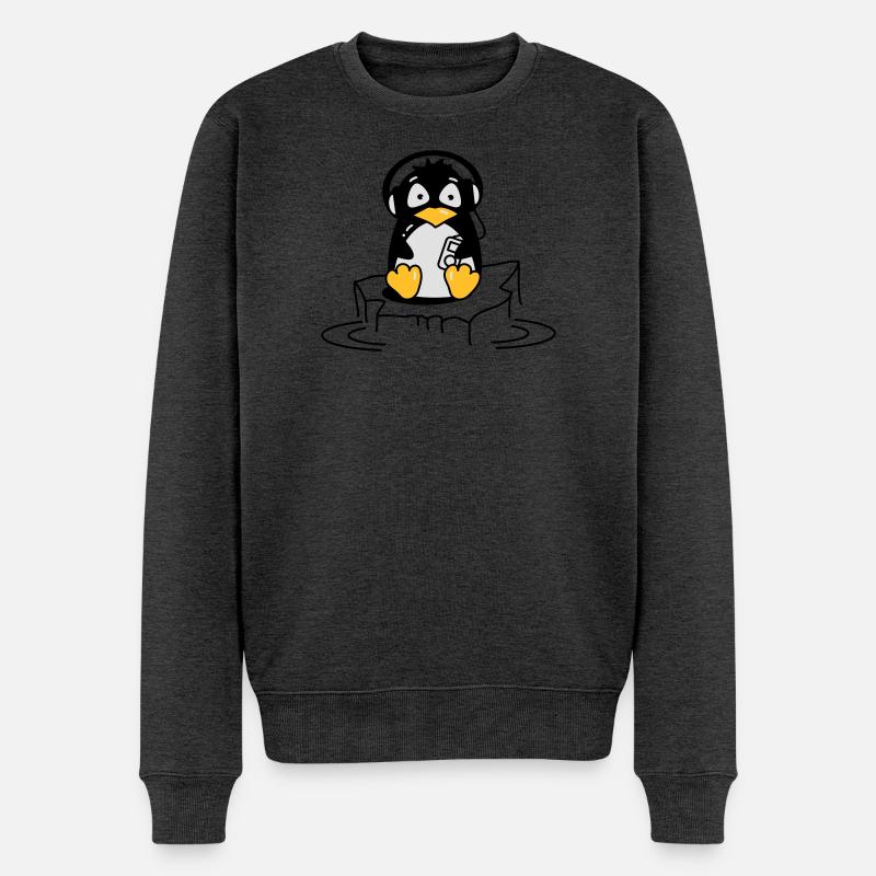 Cooler Pinguin mit Kopfhörern auf Eis - Männer Premium Bio Pullover - Anthrazit meliert