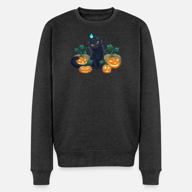Süßes schwarzes Kätzchen und Halloween Kürbisse - Männer Premium Bio Pullover - Anthrazit meliert